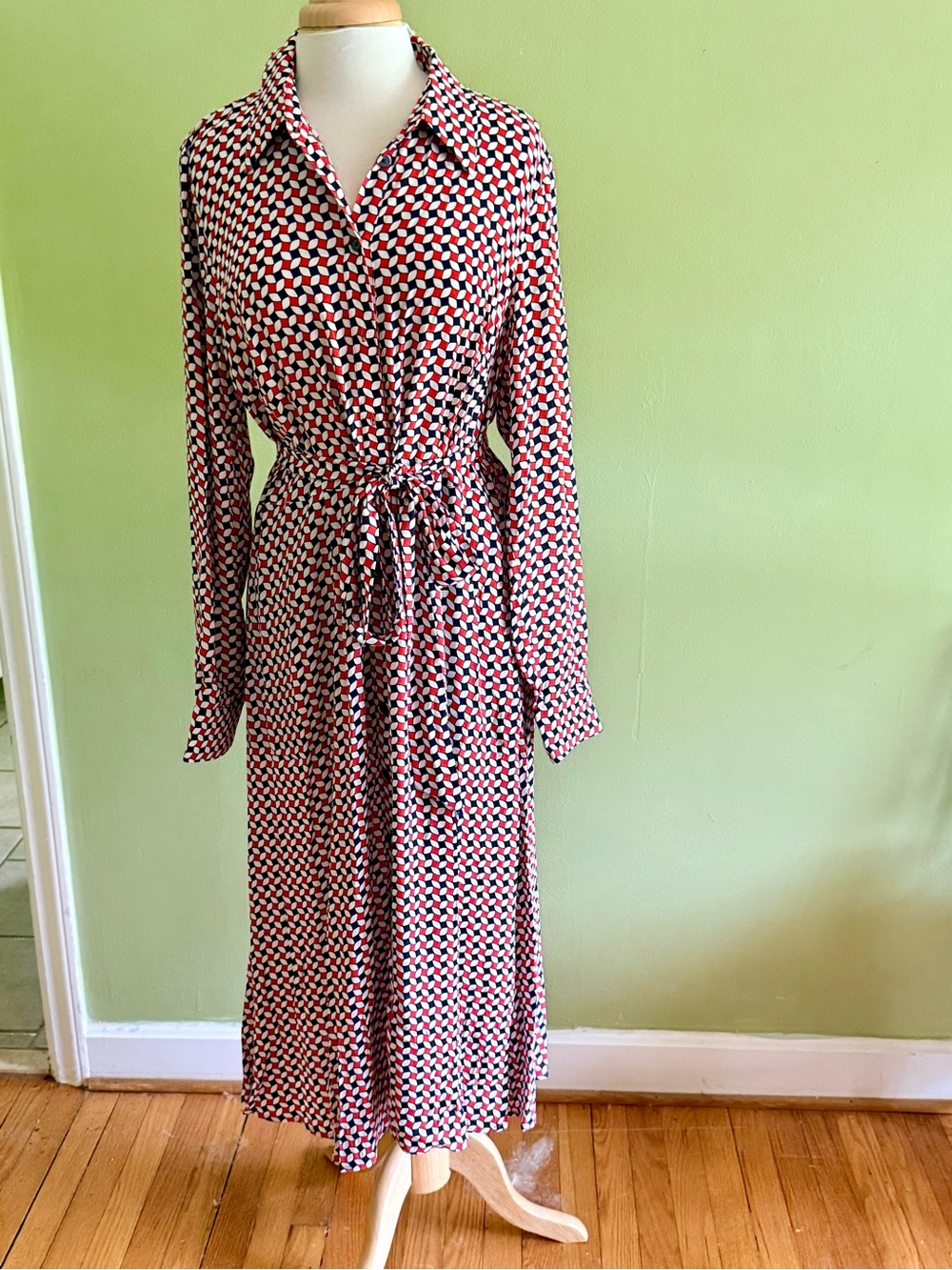 Boden Red and Blue Geometric Midi Shirt Dress with self belt